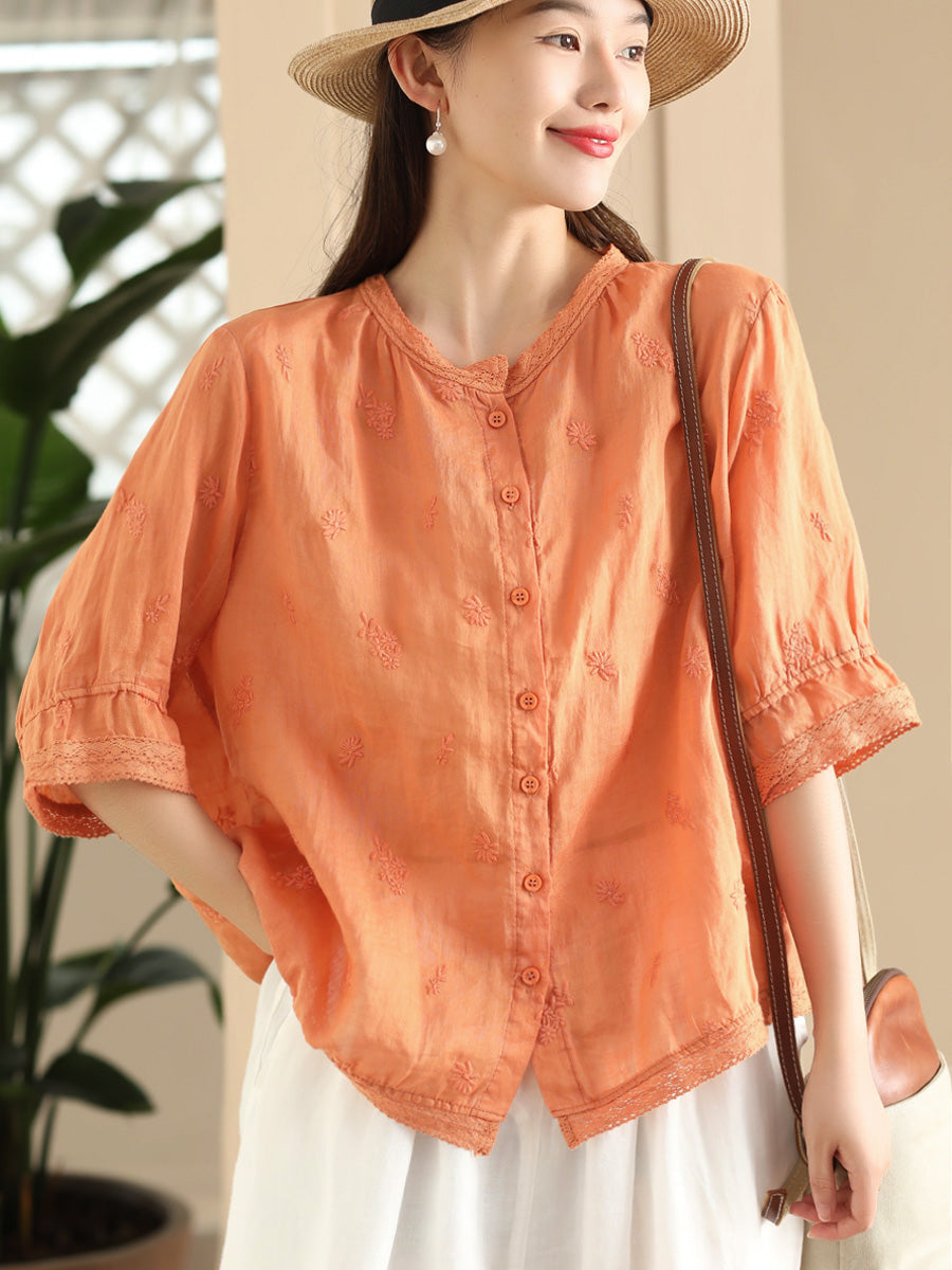 Chemise d'été boutonnée en ramie pour femme avec broderie vintage CX007