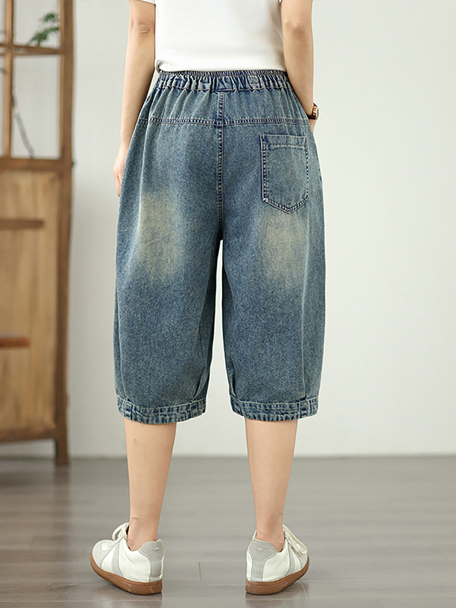 Denim Flower Retro Embroidery Fifth Women Pants Patchwork