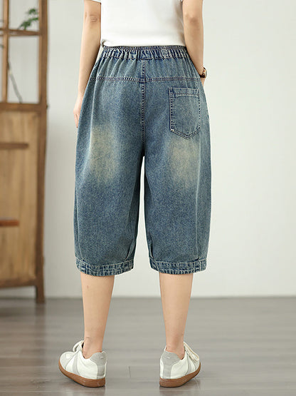 Denim Flower Retro Embroidery Fifth Women Pants Patchwork