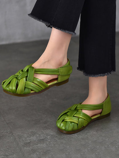 Summer Leather Flat Retro Women Weave Genuine Shoes