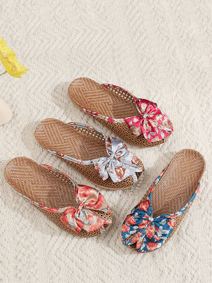Bowknot Ethnic Weave Women Indoor Slippers Straw Flower