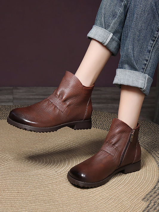 Women Vintage Genuine Leather Low Heel Boots WG003