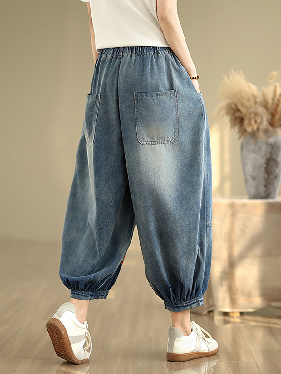 Denim Flower Women Pants Harem Embroidery Retro
