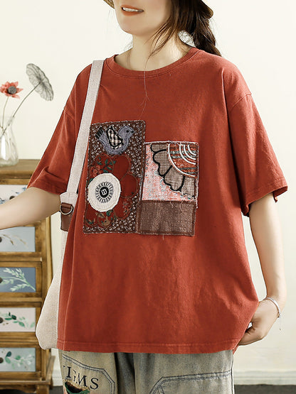 Women Summer Vintage Patch Spliced O-Neck Cotton Shirt HH039