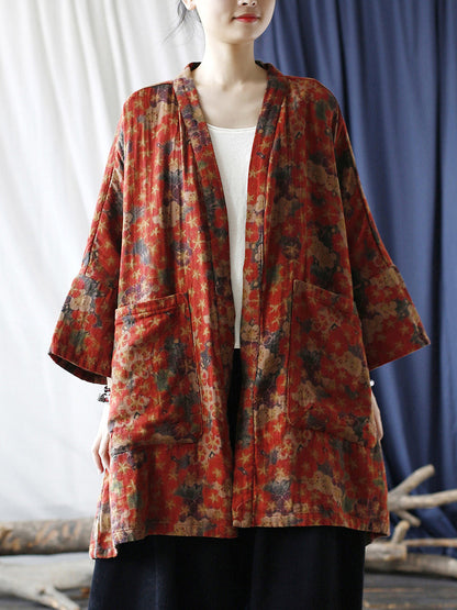 Women Ethnic Floral V-neck Pocket Cardigan Coat RR019