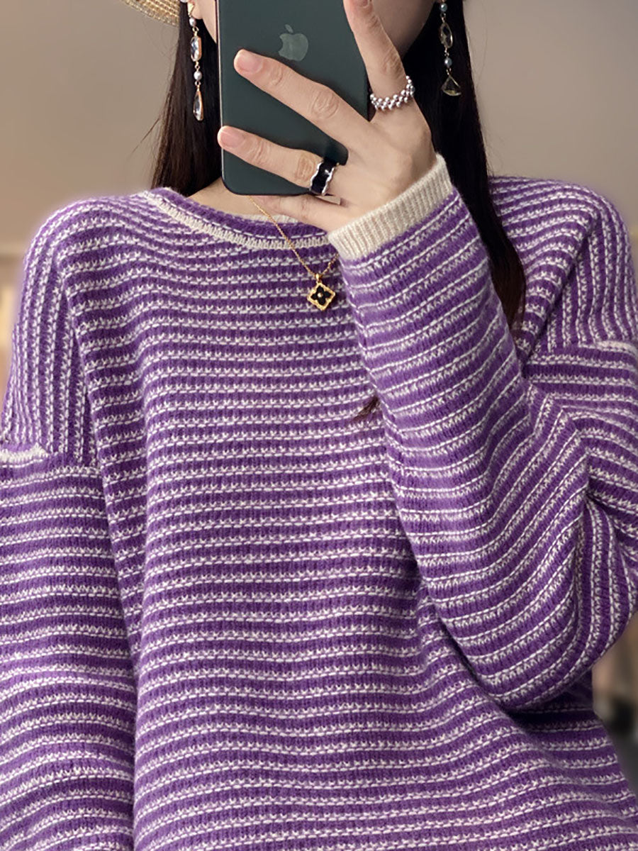 Women Autumn Casual Stripe O-Neck Wool Knit Sweater AT1012