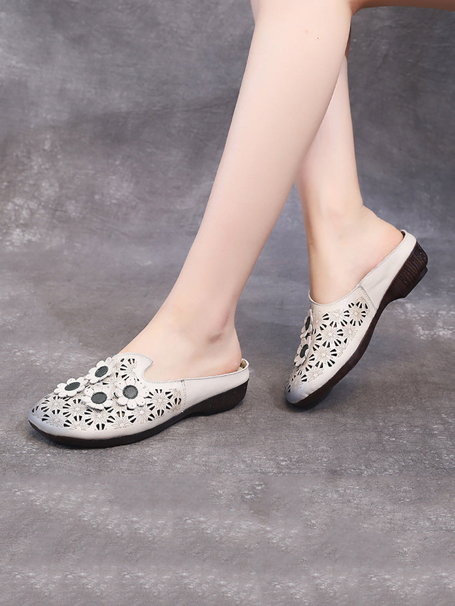 Women Summer Leather Flower Spliced Cutout Slippers OO1019