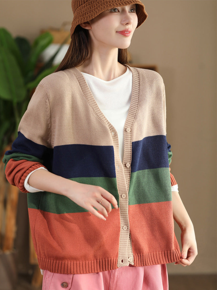 Women Autumn Colorblock V-Neck Knit Sweater AS1012