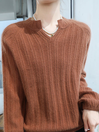 Women Autumn V-Neck Solid Wool Warm Knit Sweater AV1013