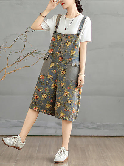 Denim Jumpsuits Short Artsy Women Flower Summer