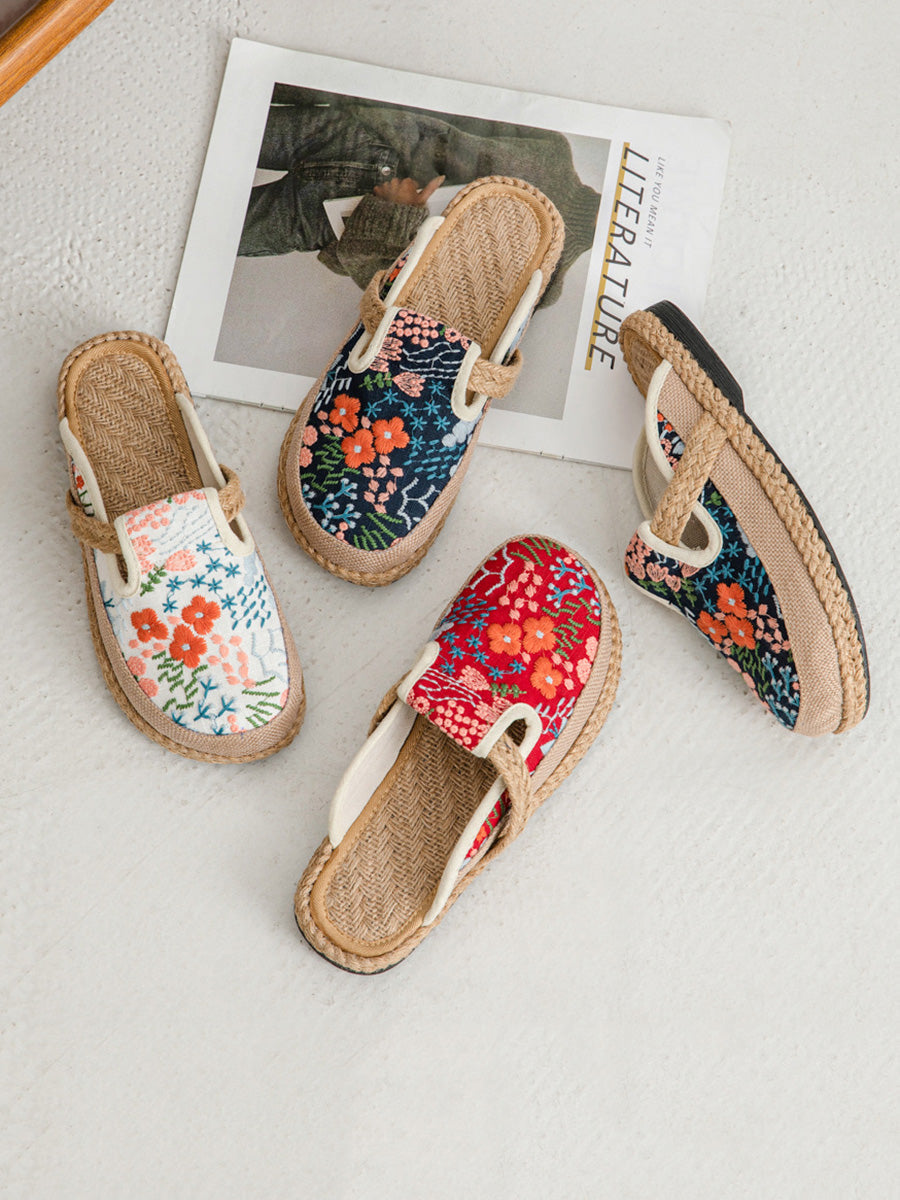 Cotton Ethnic Flower Embroidery Women Slippers Summer