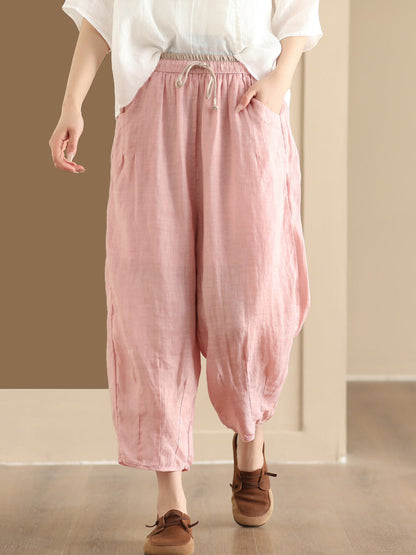 Women Summer Vintage Solid Ramie Harem Pants CX024