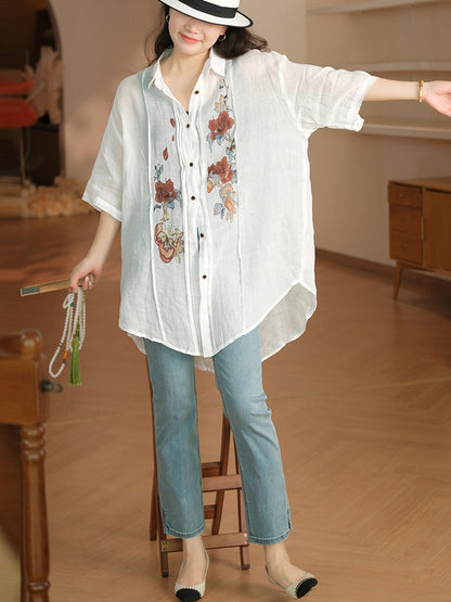 Women Summer Artsy Flower Shirred Button-up Ramie Shirt LL041