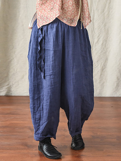 Women Casual Solid Drawstring Loose Linen Turnip Pants CX045