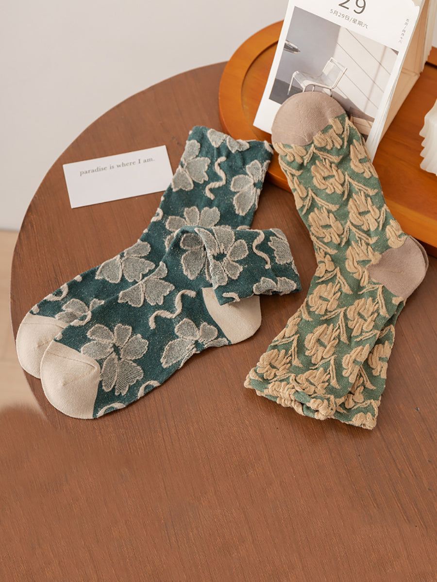 5 Pairs Women Artsy Flower Jacquard Cotton Socks AT1035