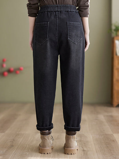 Women Autumn Vintage Solid Fleece-lined Harem Pants QN025