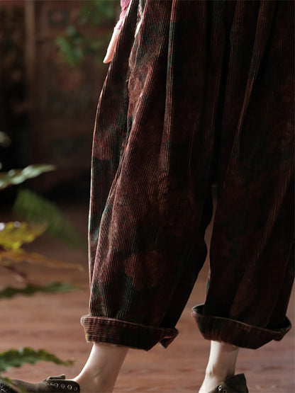 Women Vintage Spring Flower Croduroy Wide-leg Pants AT1079