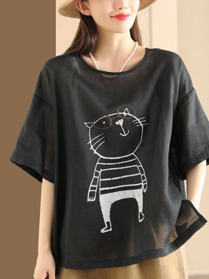 Damen Sommer Pullover aus Ramie mit Cartoon-Katzen-Print OO1034