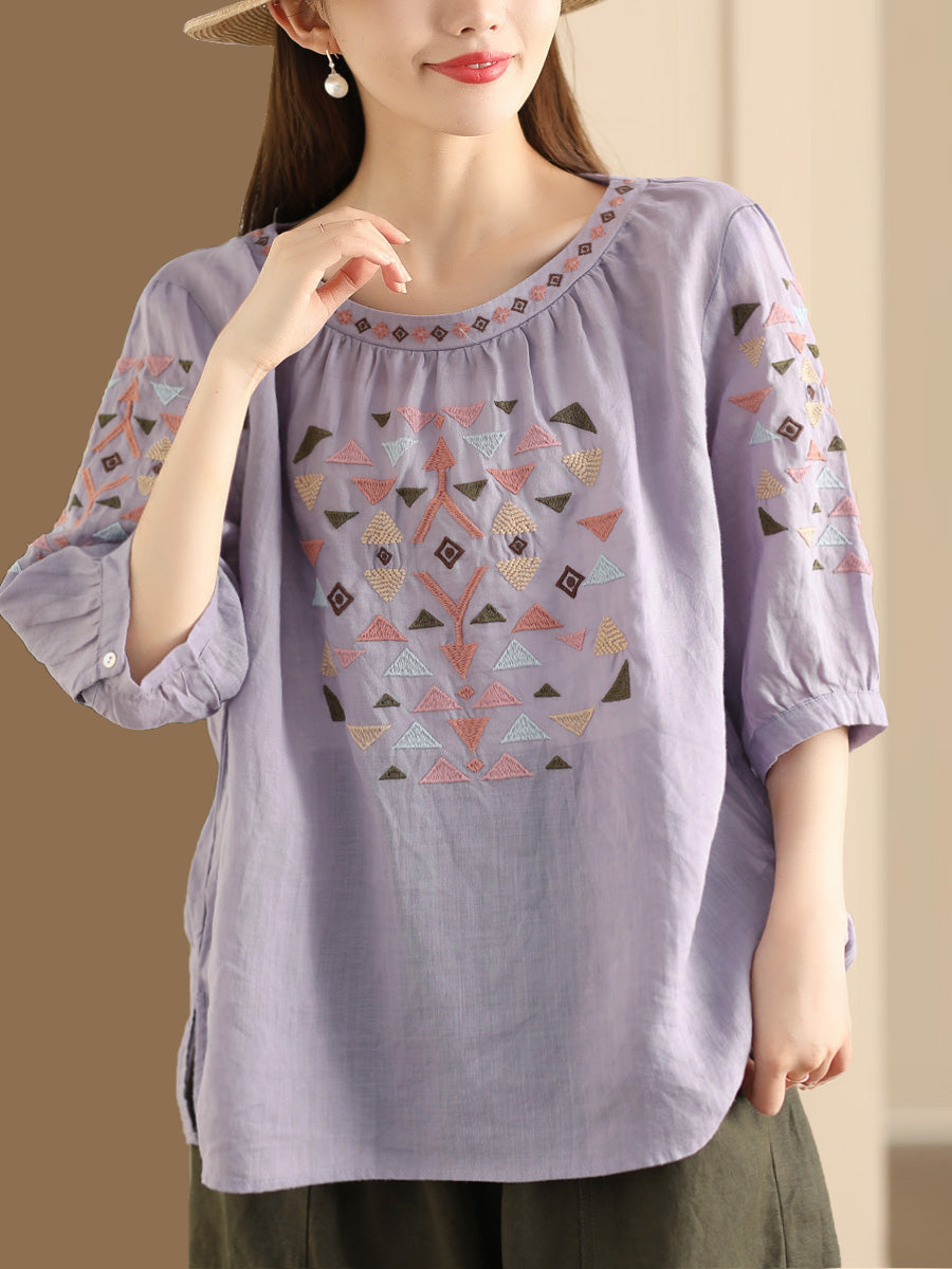 Women Summer Vintage Embroidery O-Neck Ramie Shirt OP1042