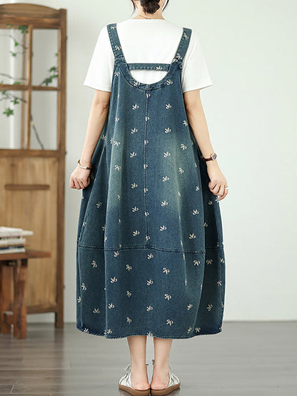 Dress Overall Denim Bowknot Women Summer Embroidery
