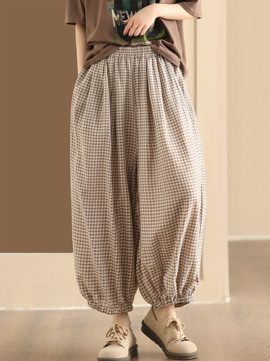 Women Summer Vintage Plaid Cotton Harem Pants BN1021