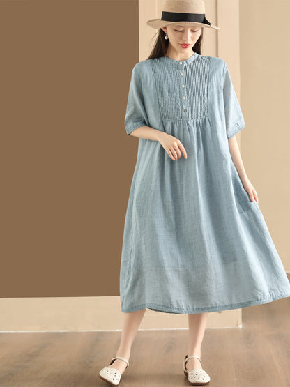 Women Summer Casual Solid Shirred Button Linen Dress HH019