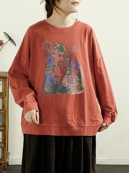 Women Casual Autumn Flower O-Neck Cotton Blouse AT1002