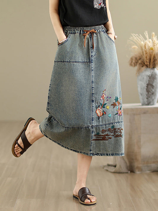Denim Women Artsy Spring Flower Embroidery Skirt