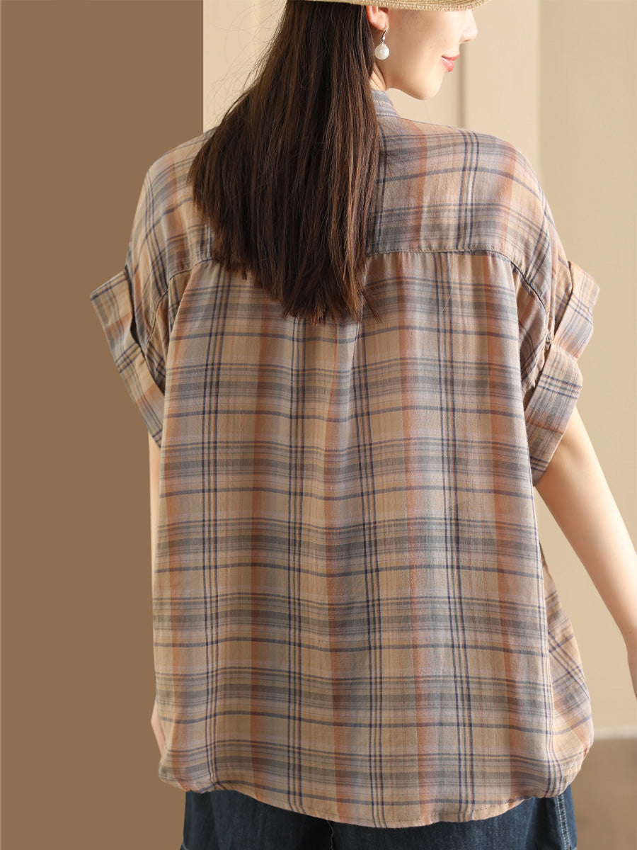 Women Summer Vintage Plaid Button-up Shirt PP1037