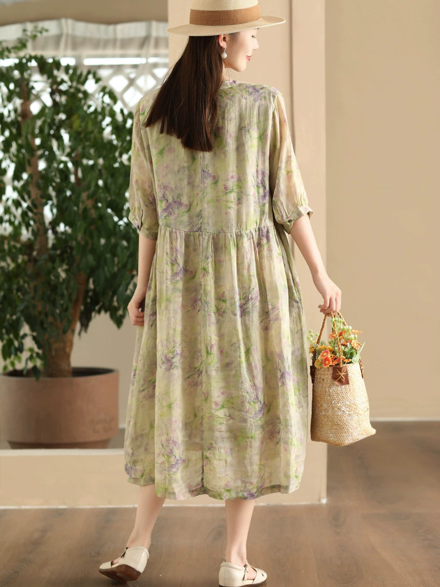 Robe d'été ample à col en V et imprimé floral pour femme LL020