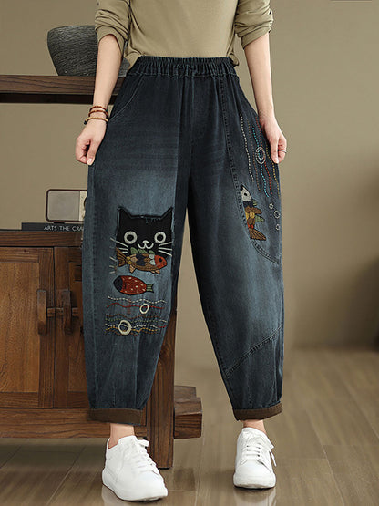 Women Autumn Casual Cat Patch Spliced Denim Harem Pants AV1004