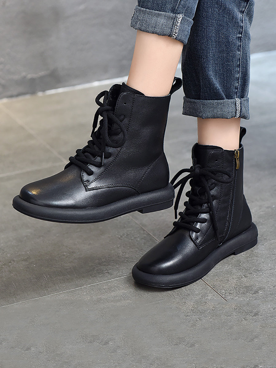 Women Genuine Leather Soft Zipper Mid Heel Martin Boots QU022