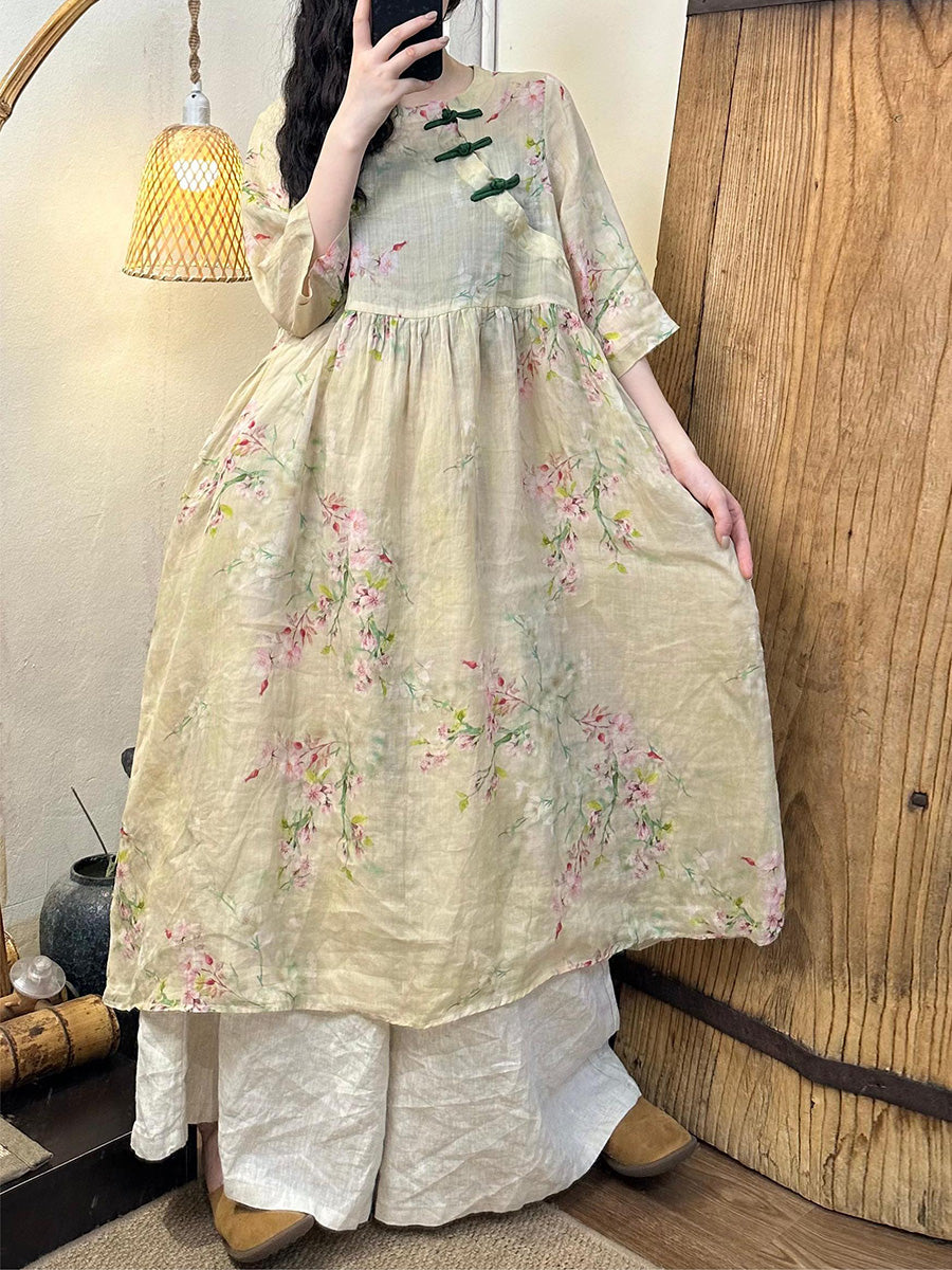 Robe ample d'été à fleurs et col rond en ramie pour femmes LL049