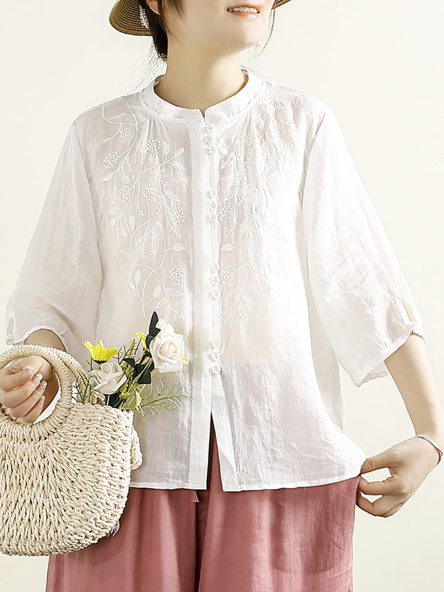 Chemise d'été en ramie avec broderie artistique et boutons pour femmes II1043