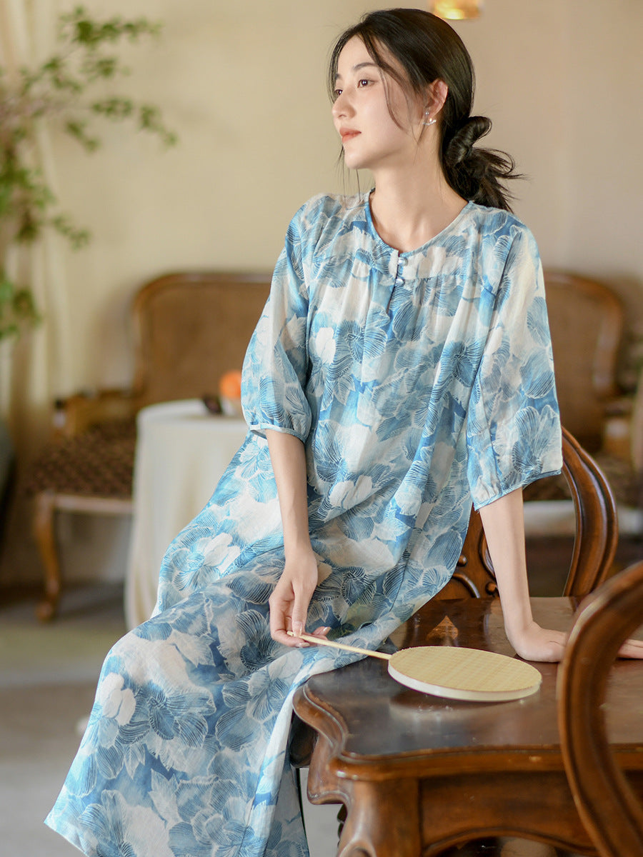 Women Summer Artsy Flower Print Loose Ramie Dress OO1025