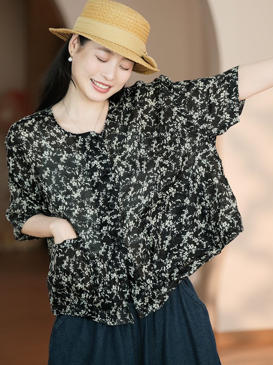 Women Summer Artsy Flower Button-up Pocket Ramie Shirt CC047