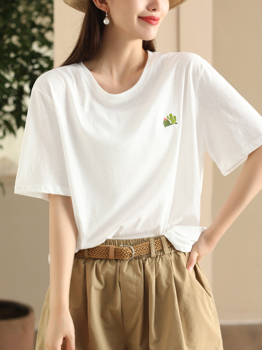 Women Summer Casual Solid Embroidery O-Neck Cotton Shirt CX060