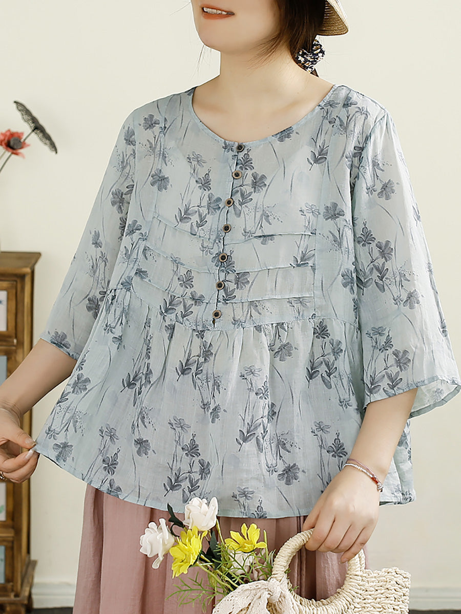 Women Summer Artsy Floral Button Spliced O-Neck Ramie Shirt HH003