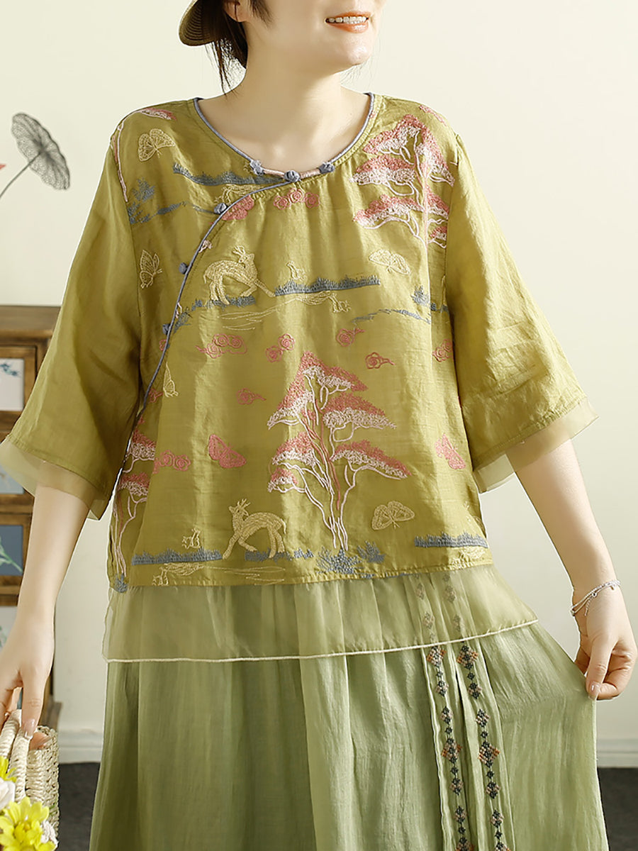 Women Vintage Summer Embroidery Ramie O-Neck Shirt OO1007