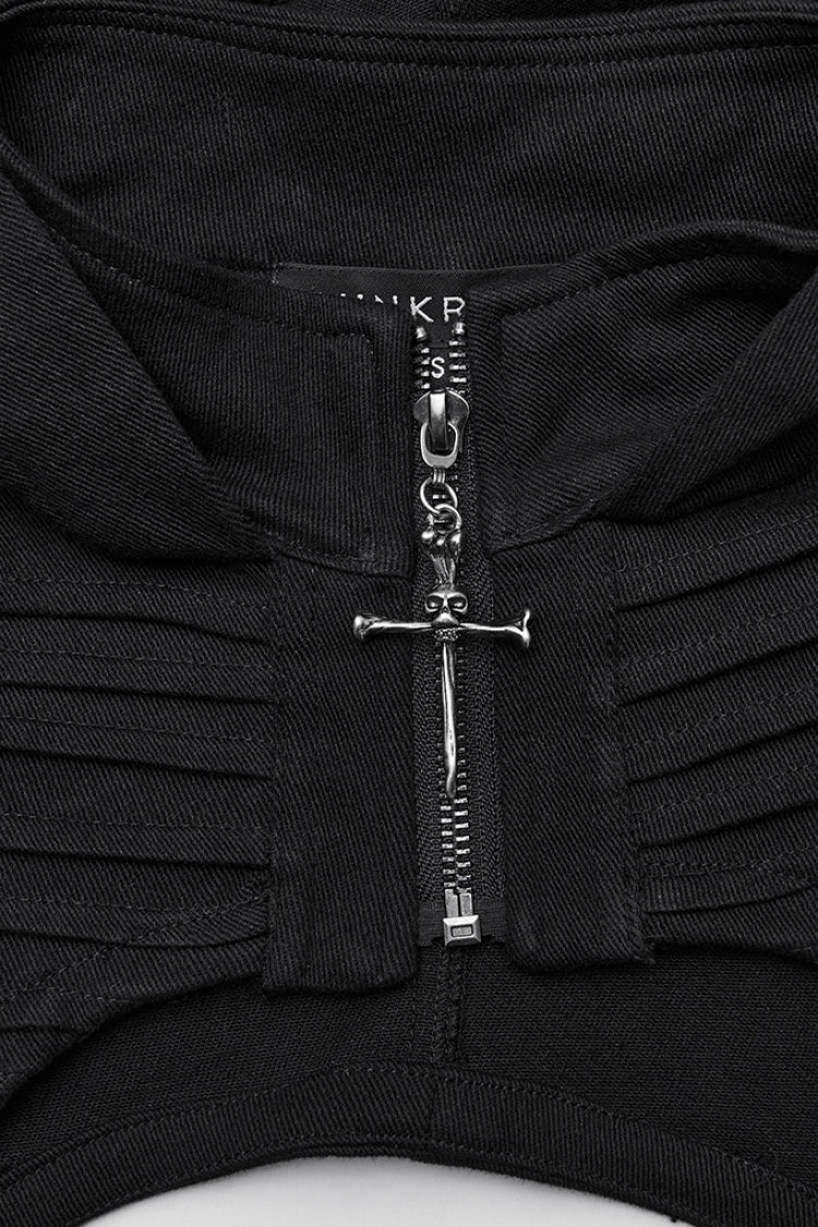 Pleated Punk Short Vest with Hood and Zip for Women