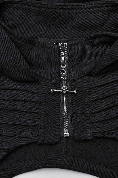 Pleated Punk Short Vest with Hood and Zip for Women