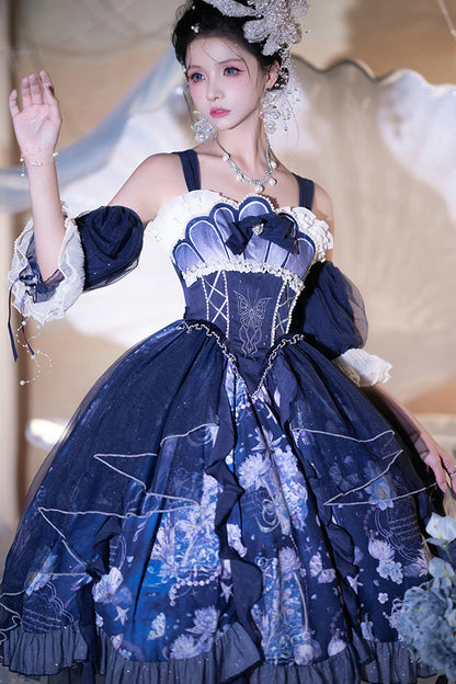 Azure Deep Sea Jellyfish Print Ruffle Lace Sweet Elegant Lolita Jumper Dress