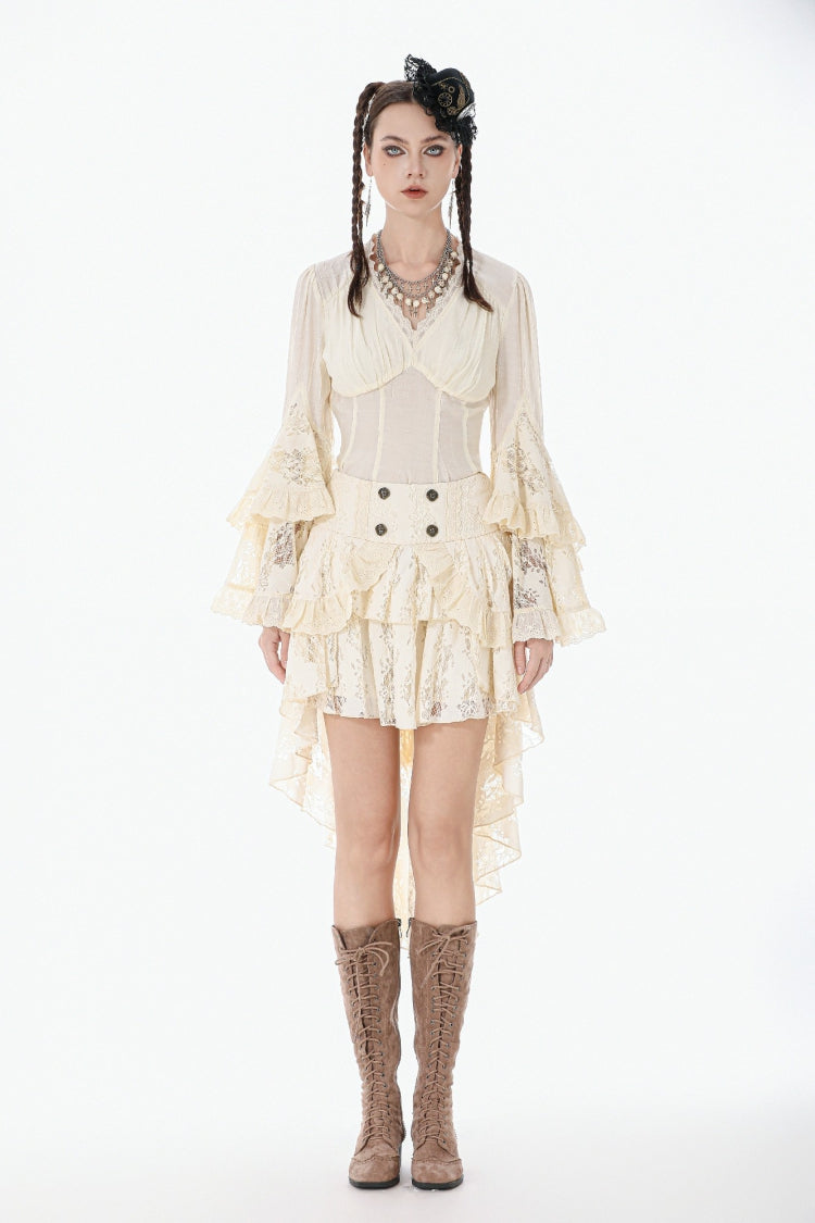Steampunk Women's Blouse with Trumpet Sleeves & Layered Lace-Up in Cream
