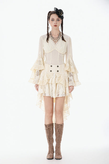 Steampunk Women's Blouse with Trumpet Sleeves & Layered Lace-Up in Cream