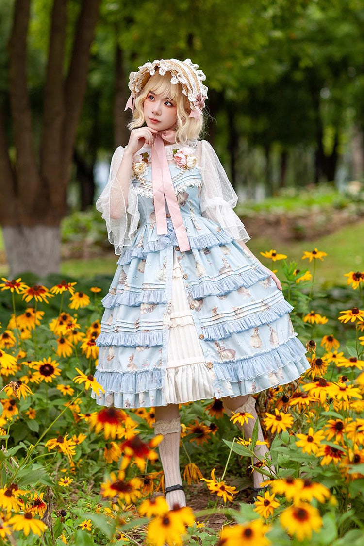 Multi-Layer Ruffle Sweet Elegant Lolita JSK Dress with Rabbit Dance Print - 4 Colors