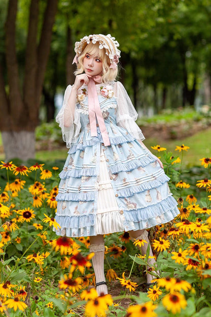 Multi-Layer Ruffle Sweet Elegant Lolita JSK Dress with Rabbit Dance Print - 4 Colors