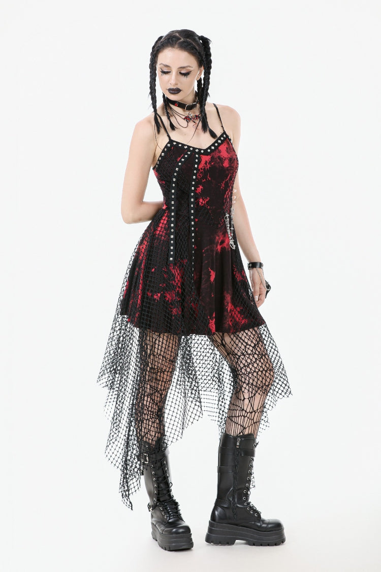 Crimson Punk Slip Dress with Asymmetric Tie-Dye and Mesh Hem