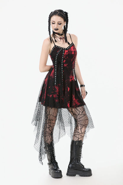 Crimson Punk Slip Dress with Asymmetric Tie-Dye and Mesh Hem
