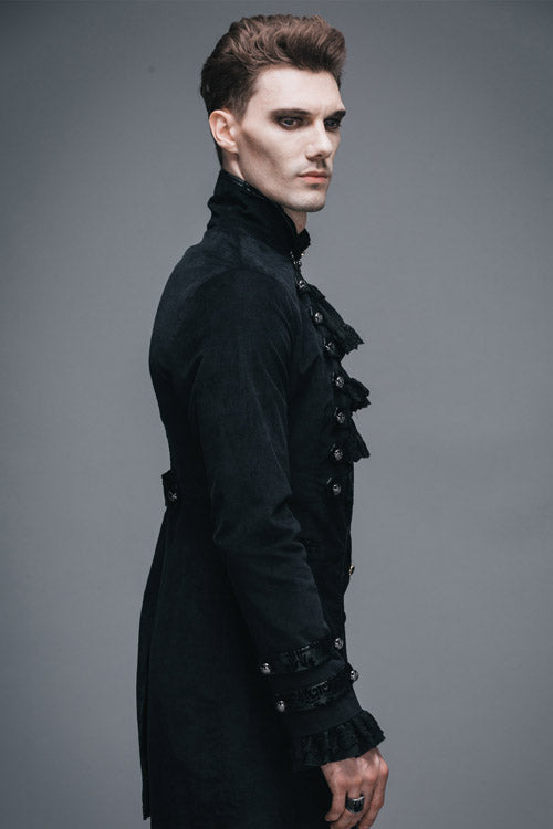 Men's Gothic Coat in Velvet with Embroidered Collar and Faux Two-Piece Style