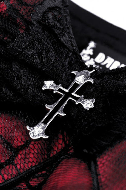 Crimson & Obsidian Sleeveless Bowknot Lace-Up Double-Layered Frilly Gothic Slip Graduation Dress